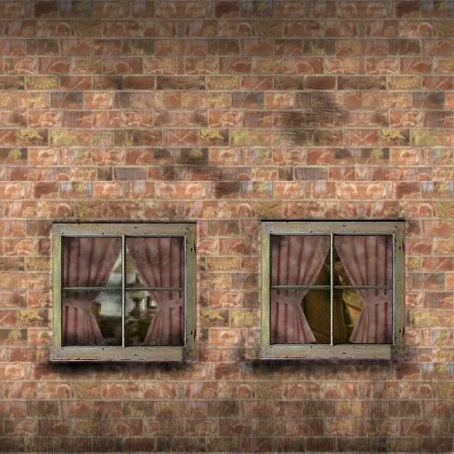 Dirty Brick Wall1 Two Windows Dirty Red Curtains main texture preview