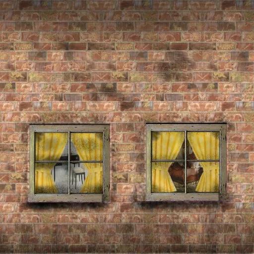 Dirty Brick Wall1 Two Windows Yellow Curtains main texture preview