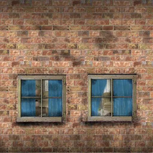 Dirty Brick Wall1 Two Windows Blue Curtains main texture preview